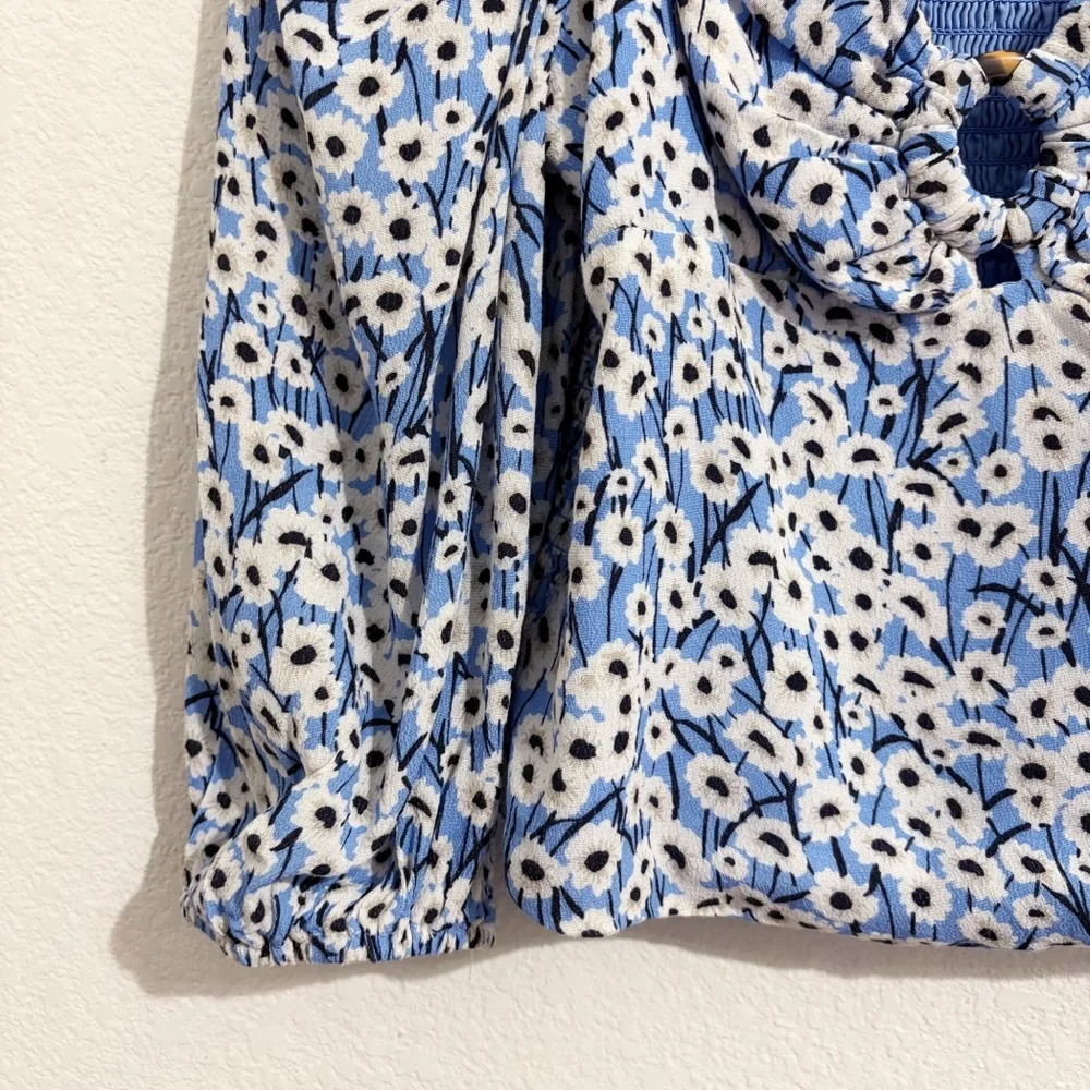 Anthropologie Hutch Cut-Out Puff Sleeve Blouse in Blue & White Floral‎